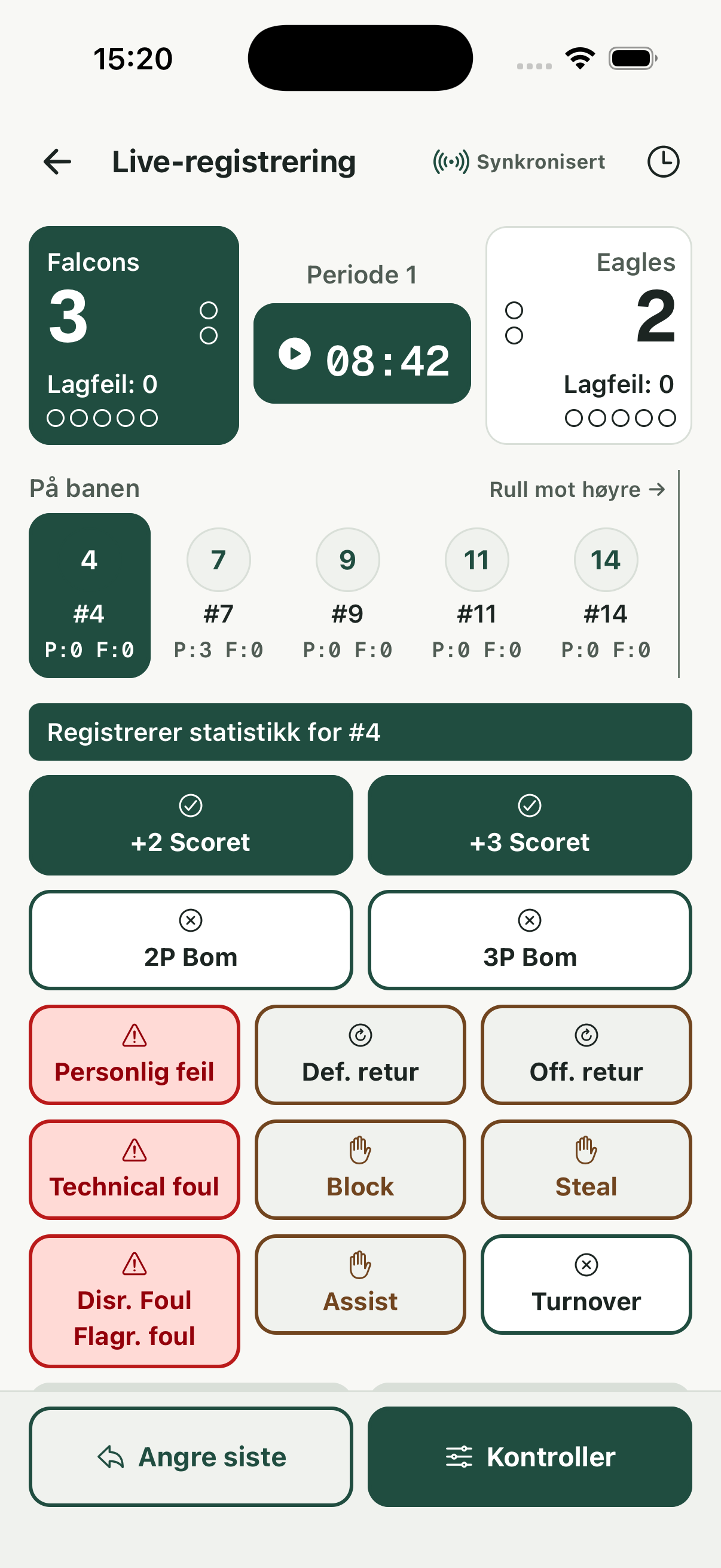 STATIQ on iPhone with a scoreboard, player selection and game scoring actions. Demo data.