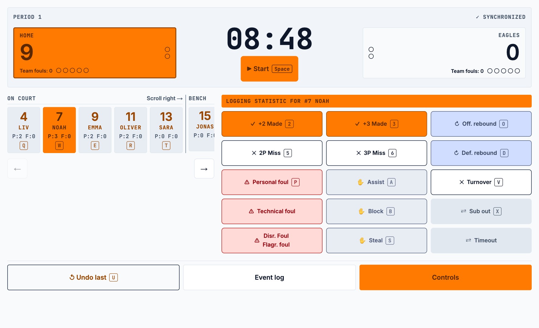 STATIQ live scoring with players, scoreboard and scoring controls.