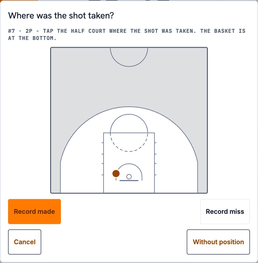 STATIQ shot recording with a basketball court for choosing the shot location.